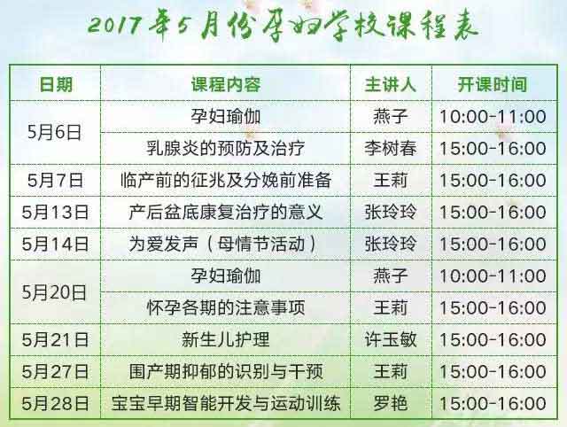 【好孕讲堂】2017年5月份孕妇学校课程表